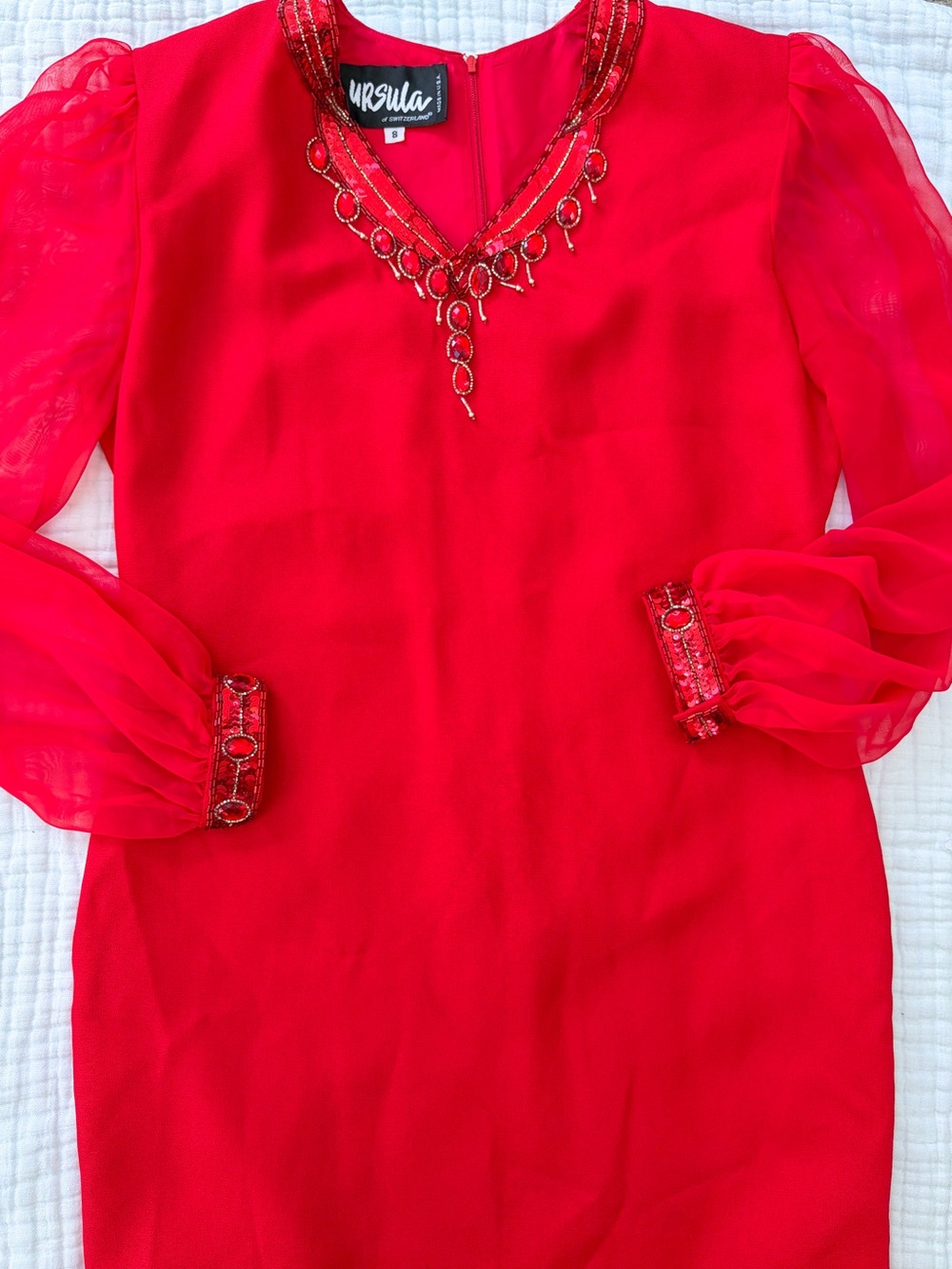 Vintage Ursula of Switzerland Red Beaded Sequin Maxi Dress Size 8 Made USA